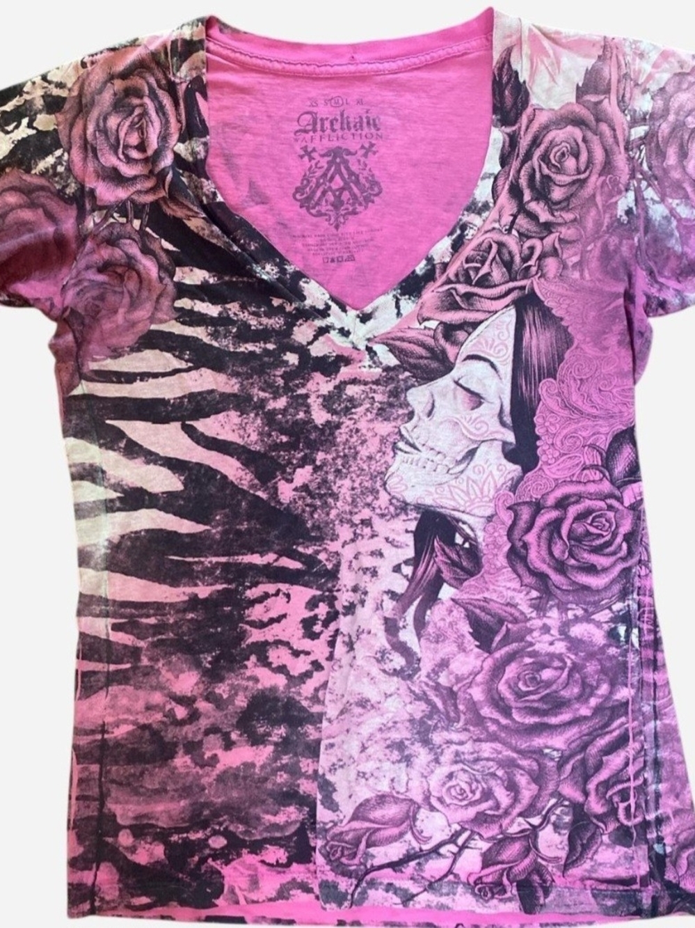 Affliction Pink Graphic V-Neck Tee with Rose & Sugar Skull